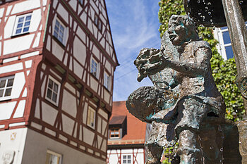 Marktplatzbrunnen mit Rathaus