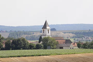 Blick auf das idyllisch gelegene Schaffhausen. In der Bildmitte sieht man die Kirche.