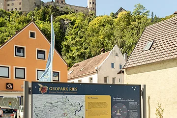 Unterhalb einer Burg steht zwischen Häusern eine Informationstafel über den Geopark Ries.