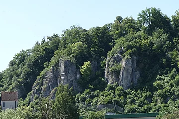 An einem mit Bäumen bewachsenen Hang befinden sich zwei rundliche Felsformationen. Im Vordergrund sind zwei Brücken und ein Fluss zu sehen.