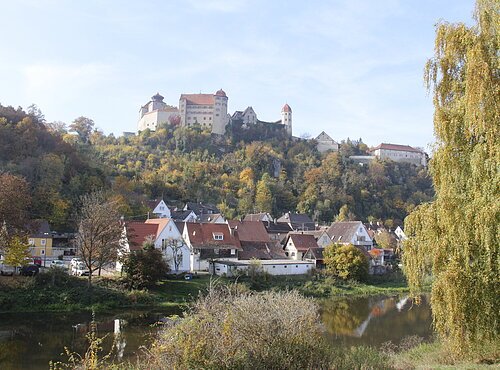 Auf einem bewaldeten Hügel steht eine Burg. Am Hangfuß befindet sich eine Siedlung.