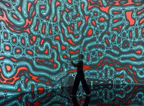 Mensch der ein Foto von einem Bild macht welches über den ganzen Raum geht