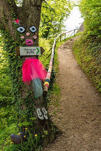 Märchenfigur mit Wegbeschreibung zur Burg