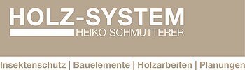 Schriftzug Holz-System Heiko Schmutterer inklusive Auflistung der Tätigkeiten