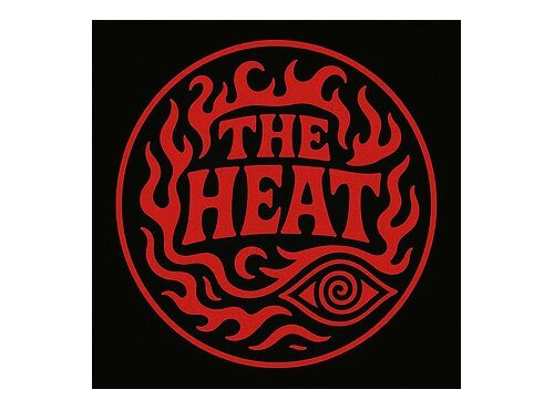 Zu sehen ist das Logo der Band "The Heat", welches den Bandnamen in rot auf schwarzem Grund zeigt, umgeben von stilisierten Flammen.