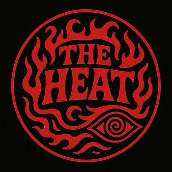 Zu sehen ist das Logo der Band "The Heat", welches den Bandnamen in rot auf schwarzem Grund zeigt, umgeben von stilisierten Flammen.