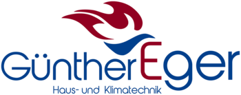Das Bild zeigt den Schriftzug "Günther Eger - Haus- und Klimatechnik" in blau und rot mit einer stilisierten Flamme im oberen Bereich