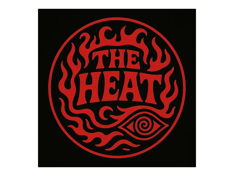 Zu sehen ist das Logo der Band "The Heat", welches den Bandnamen in rot auf schwarzem Grund zeigt, umgeben von stilisierten Flammen.