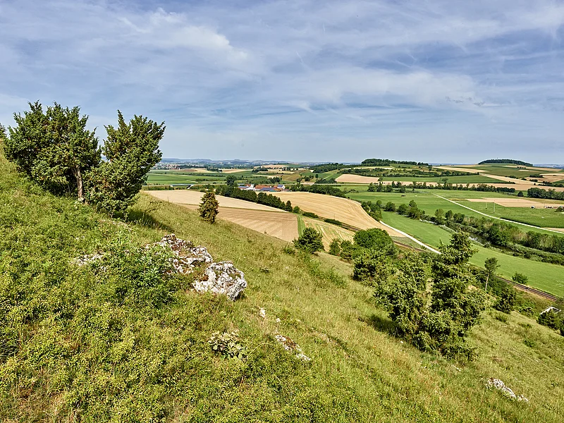 Blick von einem Aussichtspunkt, auf dem Rollenberg bei Harburg, auf das Ries.