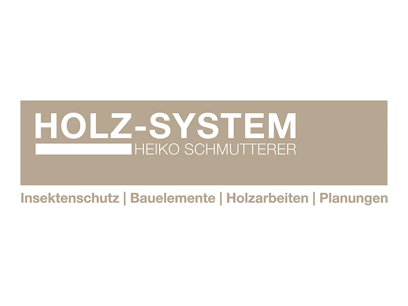 Schriftzug Holz-System Heiko Schmutterer inklusive Auflistung der Tätigkeiten