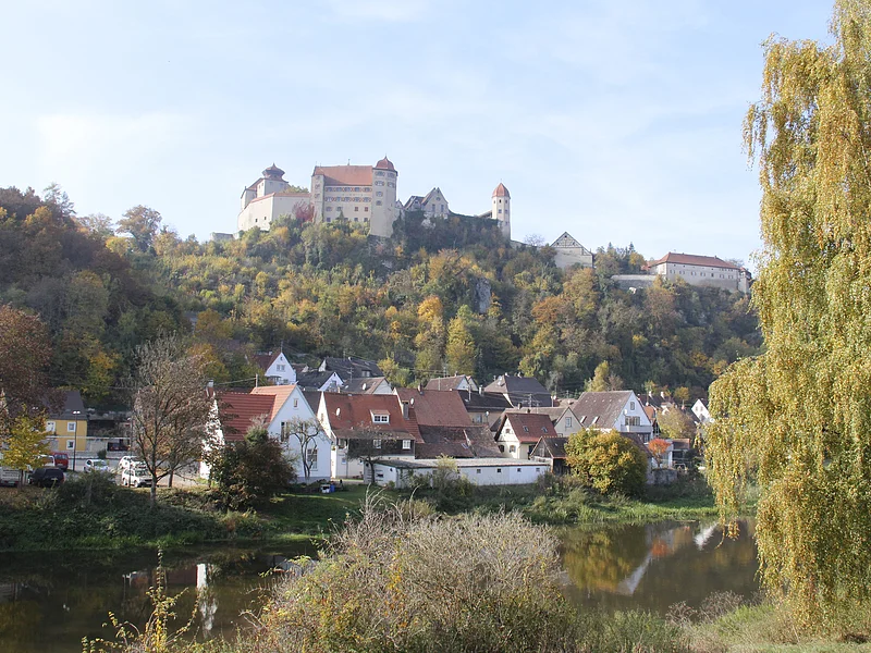 Auf einem bewaldeten Hügel steht eine Burg. Am Hangfuß befindet sich eine Siedlung.