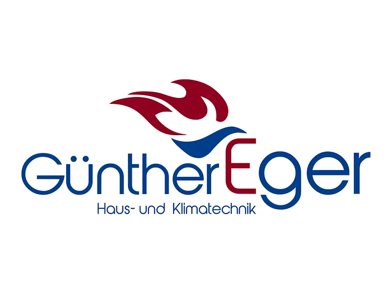 Das Bild zeigt den Schriftzug "Günther Eger - Haus- und Klimatechnik" in blau und rot mit einer stilisierten Flamme im oberen Bereich