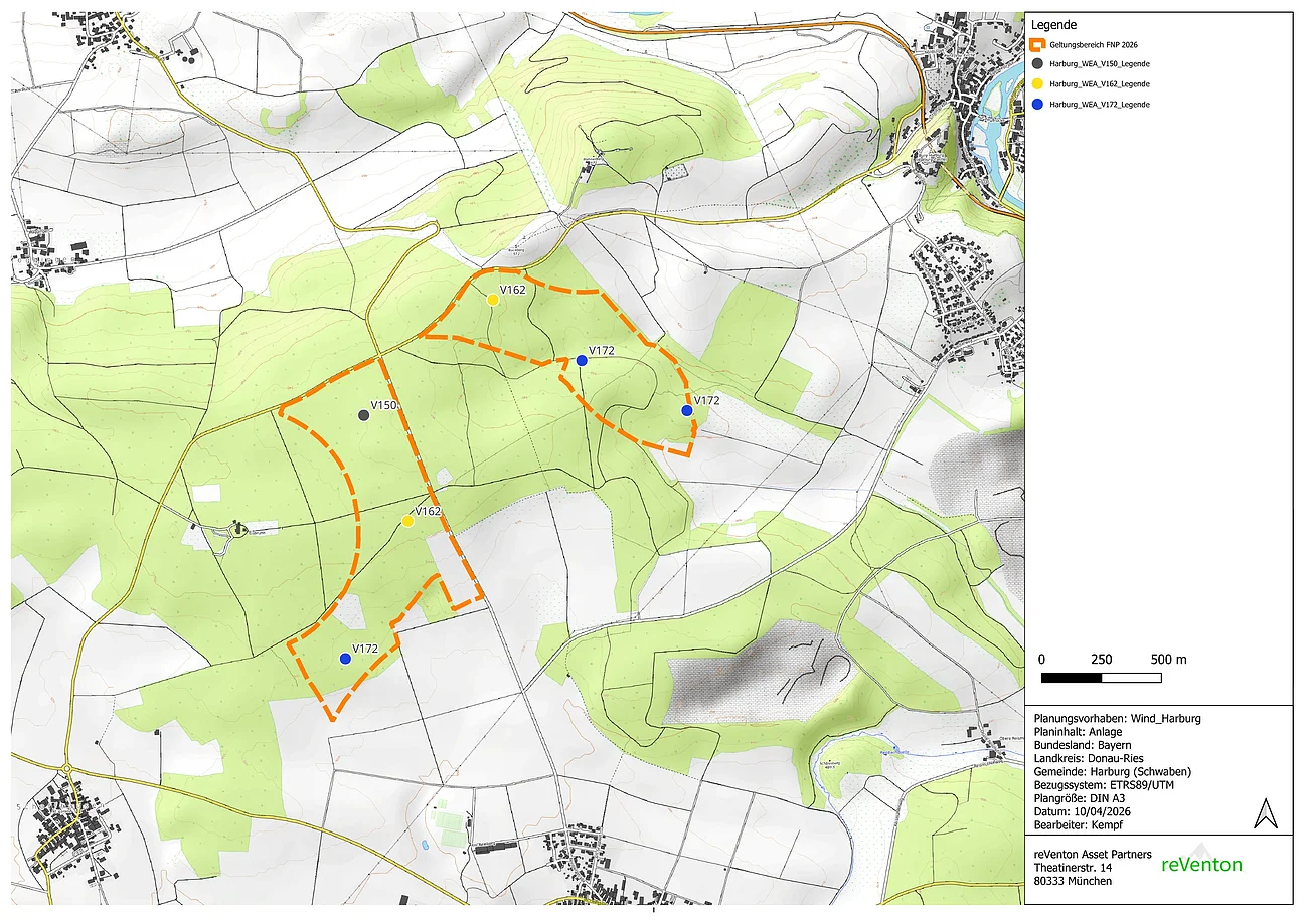 Das Bild stellt auf einer topographischen Karte des Bockbergs die Standorte der geplanten Windenergieanlagen gemäß aktuellem Planungsstand dar